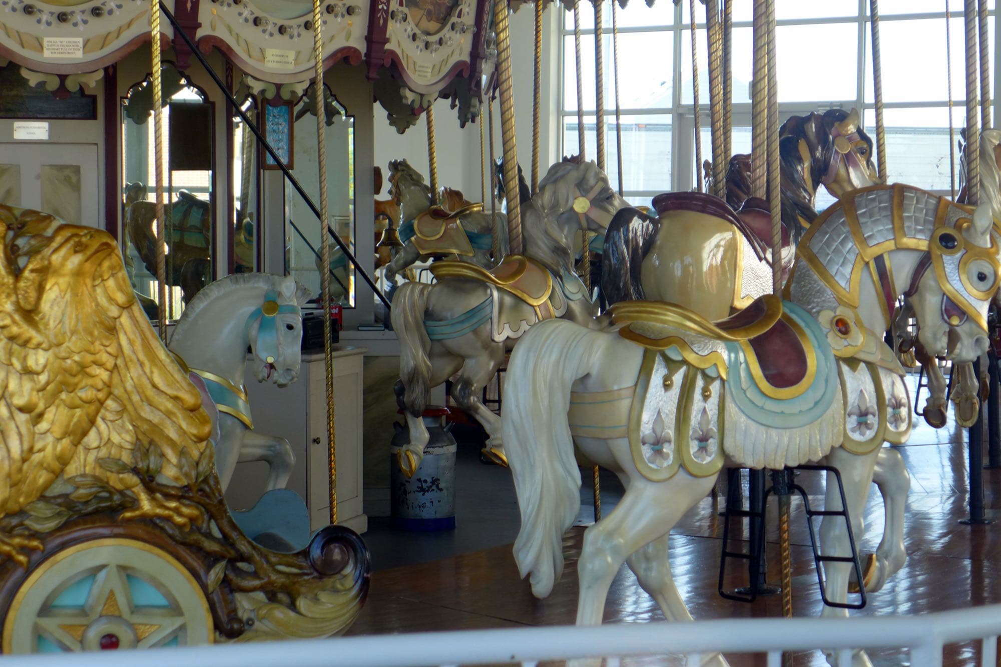 Hand-carved wooden horses on the restored Buckroe Beach Carousel, Hampton, Virginia