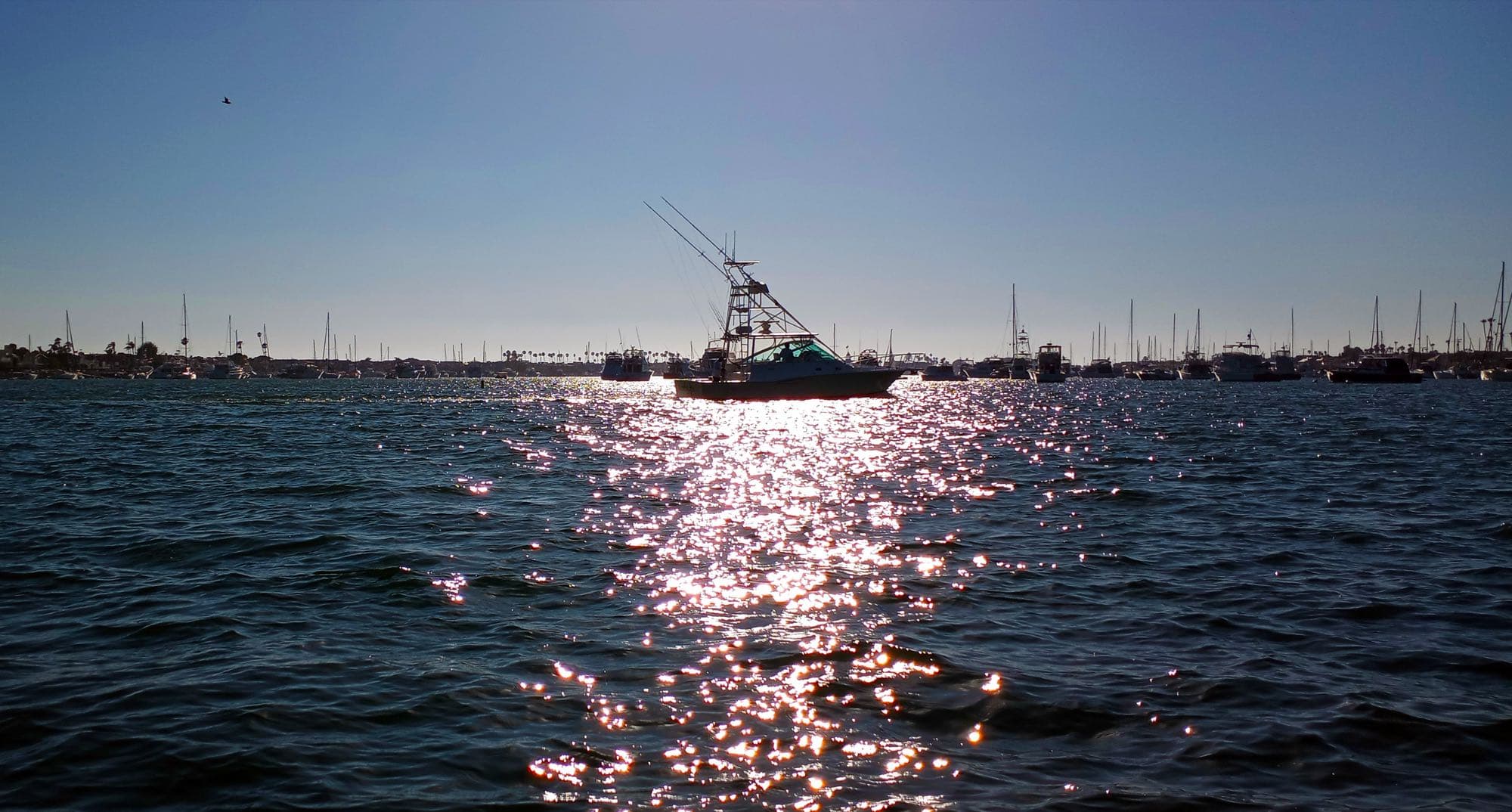 A sportfishing boat returning home across open water at dusk