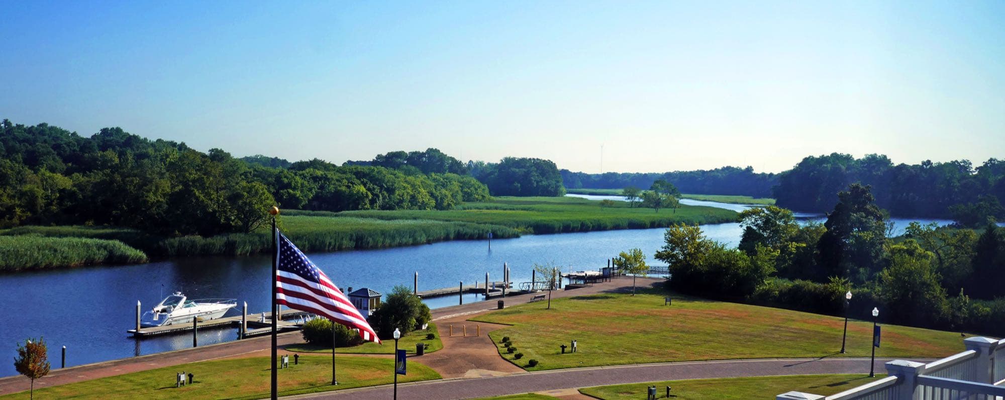 The Nansemond River in Suffolk, Virginia, with a marina and marsh grass along the banks